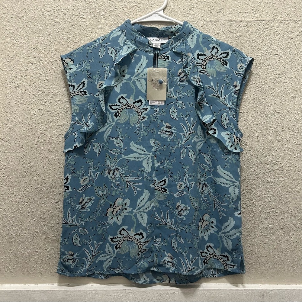 CARMEN Marc Valvo Blue Floral Ruffle Keyhole Neckline Blouse NWT (Small Flaw) XS